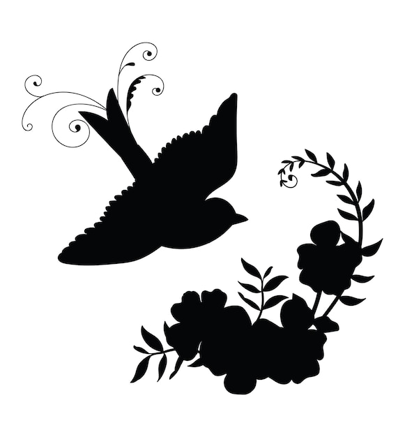 Black silhouette vector bird and flower composition