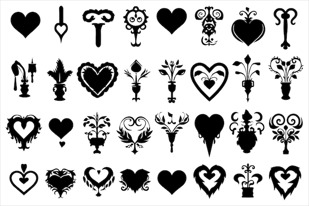 Black silhouette vector heart icon set