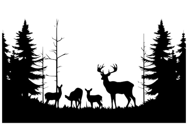 Vector black silhouette of wild forest woods animals deer and forest fir spruce trees