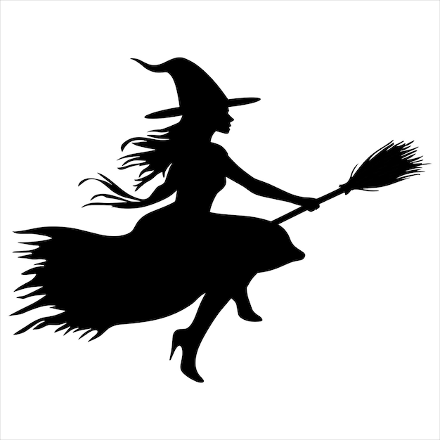 A black silhouette witch flying on a broom solid white background