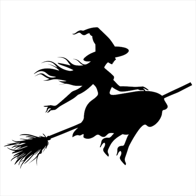 Vector a black silhouette witch flying on a broom solid white background