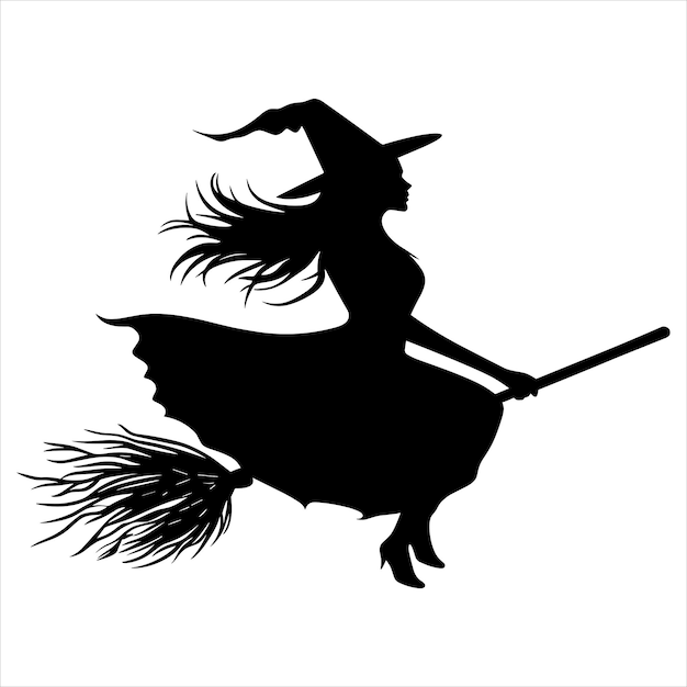 A black silhouette witch flying on a broom solid white background