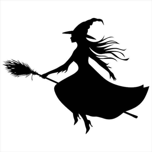 A black silhouette witch flying on a broom solid white background