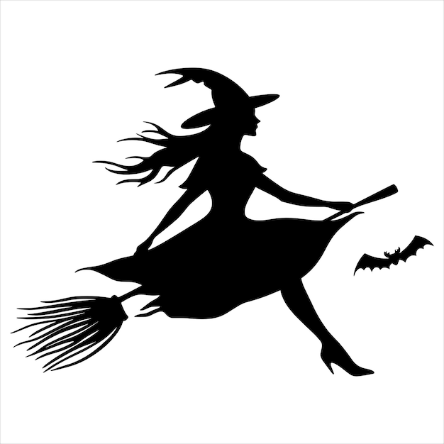 A black silhouette witch flying on a broom solid white background