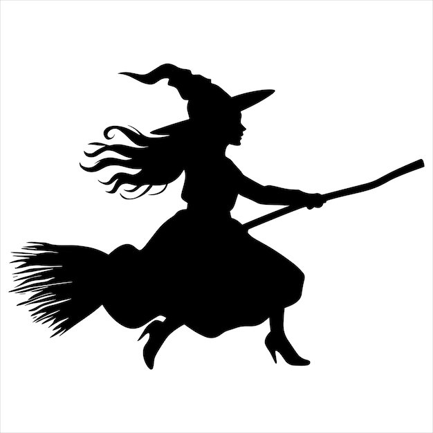 A black silhouette witch flying on a broom solid white background