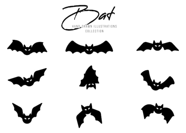 Black silhouettes of bats for halloween set on white background