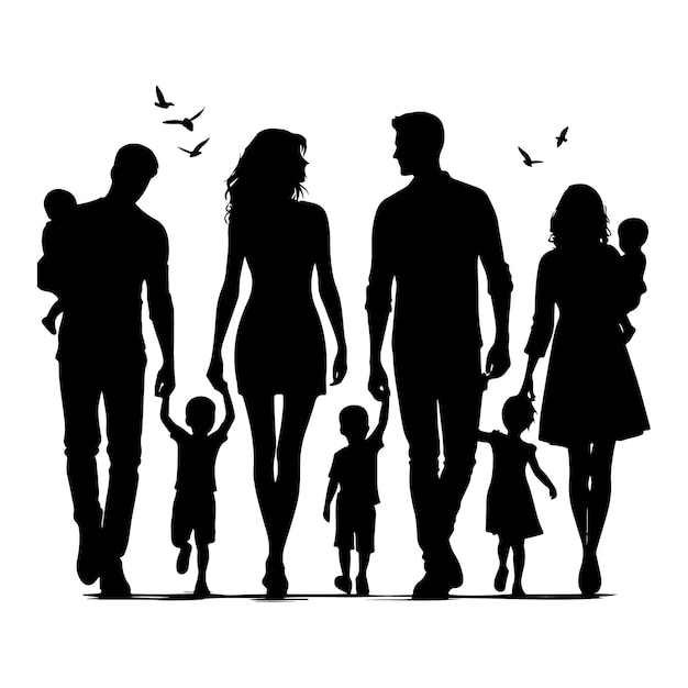 Vector black silhouettes of families walking on a white background