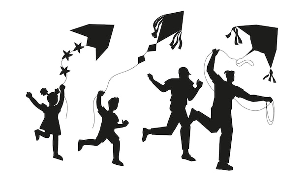 Black silhouettes of family flying a kite vector illustration isolated