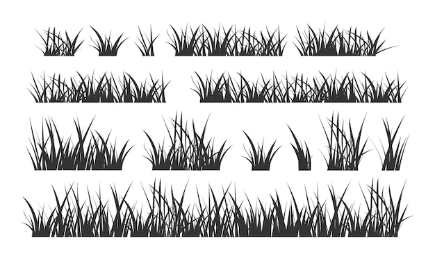 Black silhouettes of grassland lawn field border flat style design vector illustration set