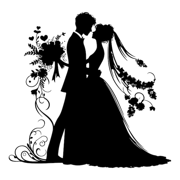 Vector black silhouettes of newlyweds on a white background