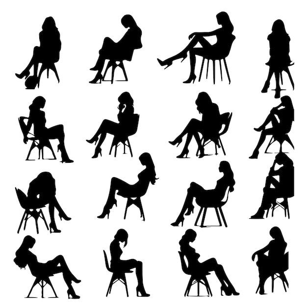 Vector black silhouettes of people in sitting set vector with white background