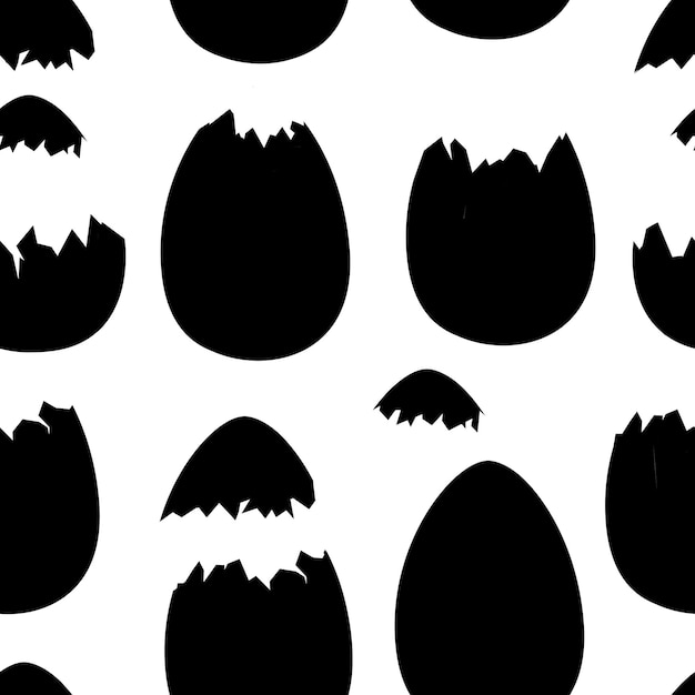 Black silhouettes seamless pattern of egg shells whole and cracked or broken shells flat vector illustration on white background.