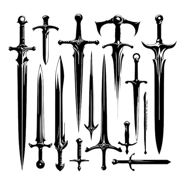 Black silhouettes of swords on a white background