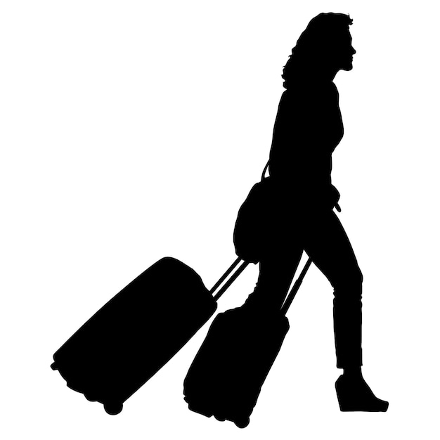 Black silhouettes travelers with suitcases on white background