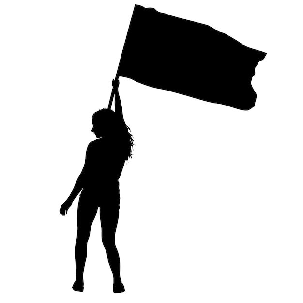 Vector black silhouettes of woman with flag on white background