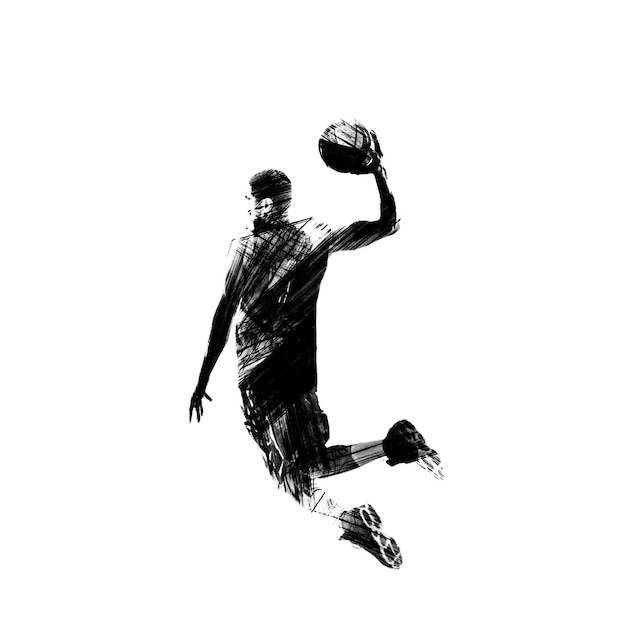 A black sketch of a basketball player jumping for the ball