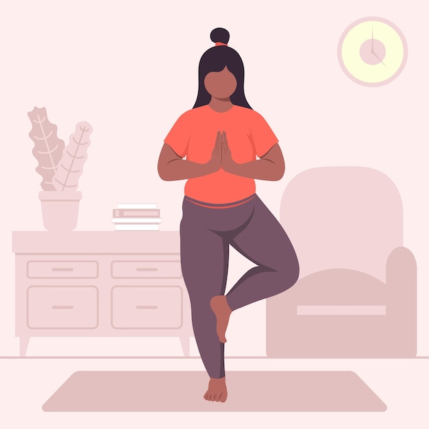 Black Skin Pregnant Woman Doing Vrikshasana Yoga At Home Vector Illustration In Flat Style