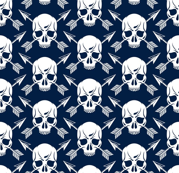 Vector black skulls seamless vector background, endless pattern with horror death sculls, stylish wallpaper of hard rock culture music fashion theme, gothic image.