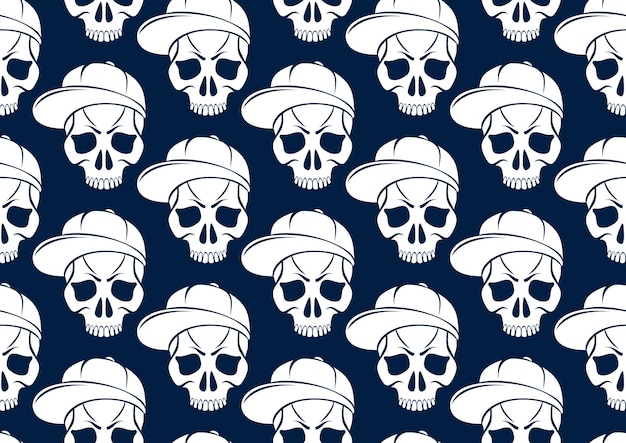 Vector black skulls seamless vector background endless pattern with horror death sculls stylish wallpaper of hard rock culture music fashion theme gothic image