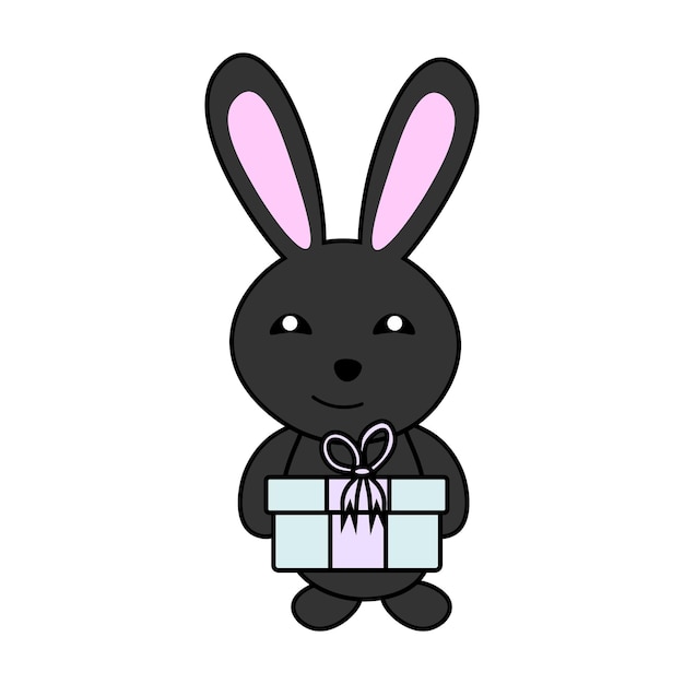 Black smiling rabbit with a gift