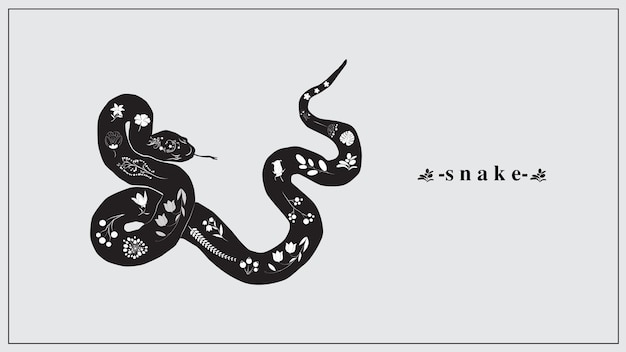  a black snake with white flowers and plants. 