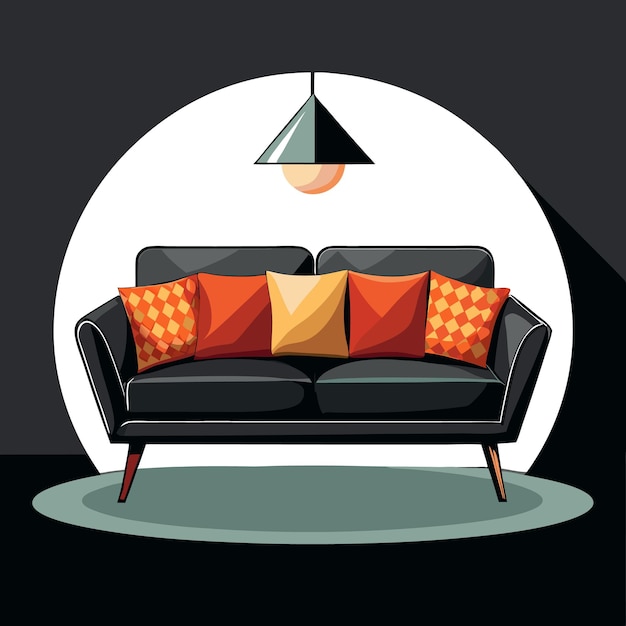 Vector a black sofa with colorful pillows in a modern living room setting illuminated by a hanging lamp