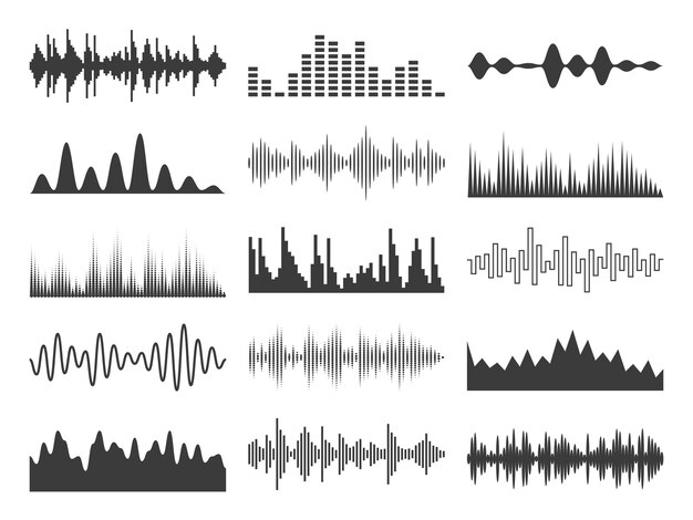 Vector black sound waves music tracks beats graphic presentation electronic audio signals frequency stereo signals forms musical recorder abstract symbols vector equalizer waveforms set