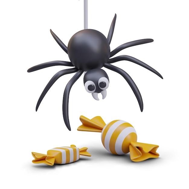 Vector black spider hangs on web above wrapped candies concept of trick or treat