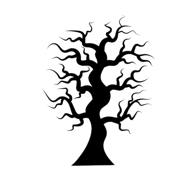 Black Spooky Halloween tree silhouette Linear doodle style Halloween concept