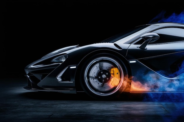 Vector black sports car and fire flames nonbranded original car design 3d illustration