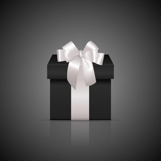 Black square gift box with white ribbon and bow