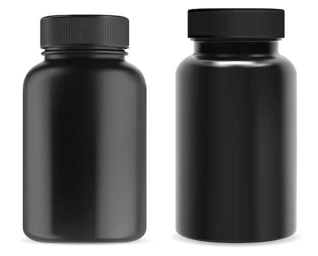 Black supplement bottle. Plastic pill jar. 3d vitamin packaging, isolated medical capsule container, glossy template on white background.