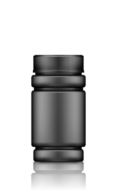 Black supplement or medicine pills bottle mockup isolated on white background