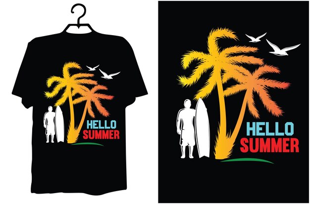 A black t - shirt with a beach scene and a palm tree on it.