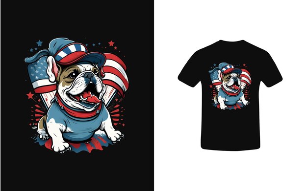 A black t - shirt with a bulldog wearing a hat and a flag.