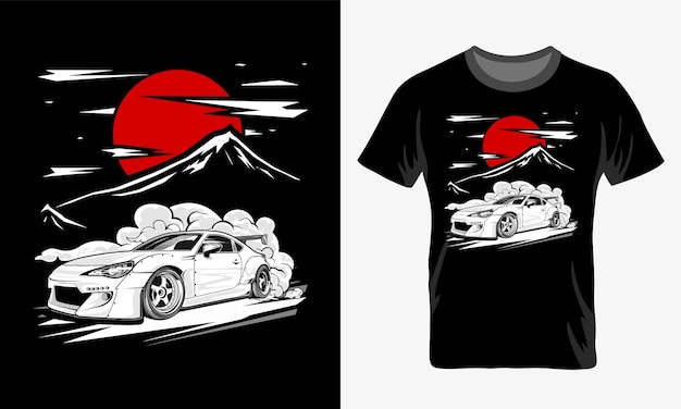 A black t - shirt with a car on the top and a mountain in the background.