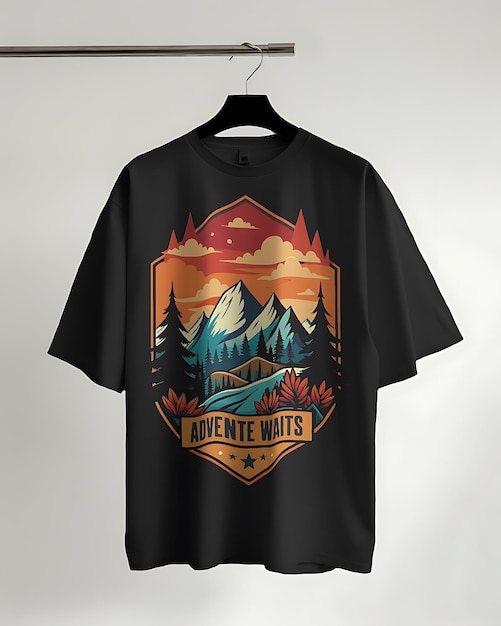 a black t shirt with a mountain logo on it