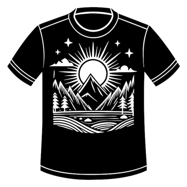 a black t shirt with a sun and mountains on it