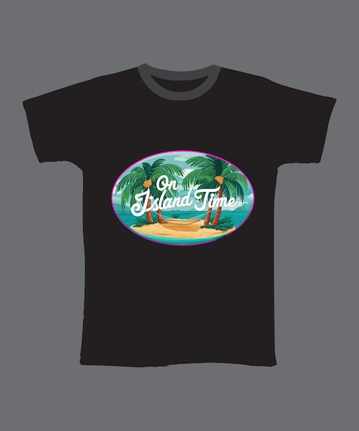 a black t shirt with a tropical island time on it