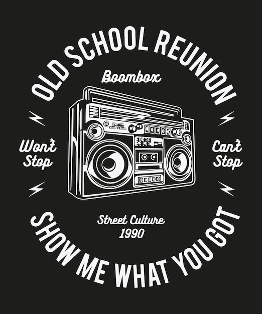 A black t - shirt with the words boombox show me what you got on it.