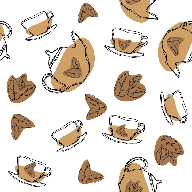 Black tea leaf teapots and cups seamless pattern Hand drawing vintage texture