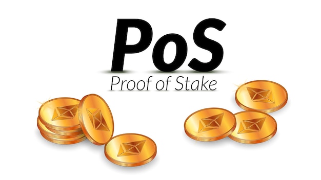 Black text PoS Proof of Stake with isometric stacks of Ethereum ETH coins with shadows isolated on white background Design element