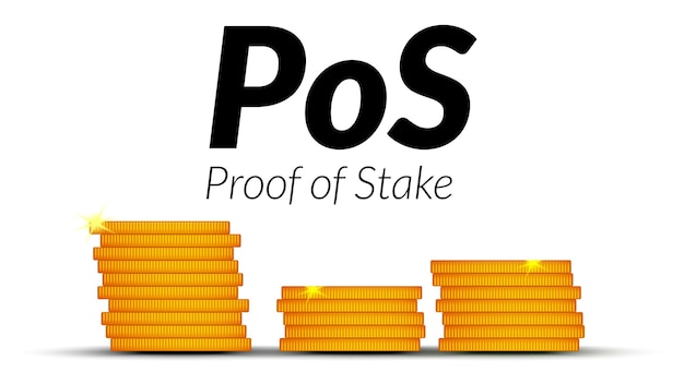 Black text PoS Proof of Stake with stacks of coins with shadows isolated on white background Design element