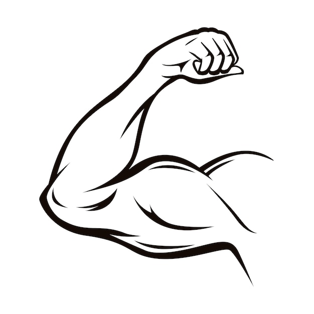 Black Thin Line Strong Male Arm Workout Pose Symbol of Power and Muscle. Vector illustration