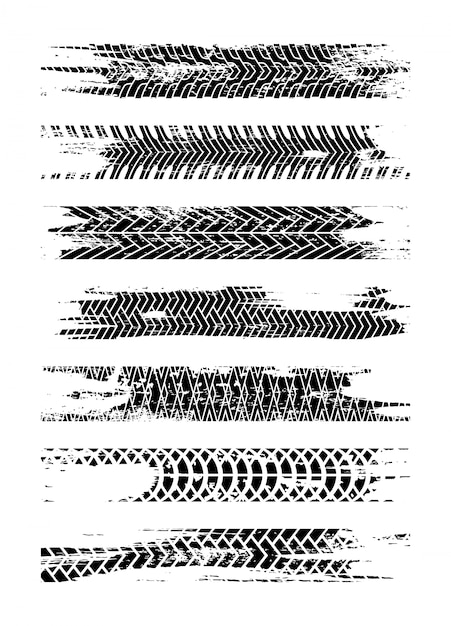 Black tire track silhouette set. Grunge tire track isolated. Tire track with ink blots. Tire track road splatter