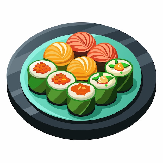 Vector a black tray with sushi on it and a white background