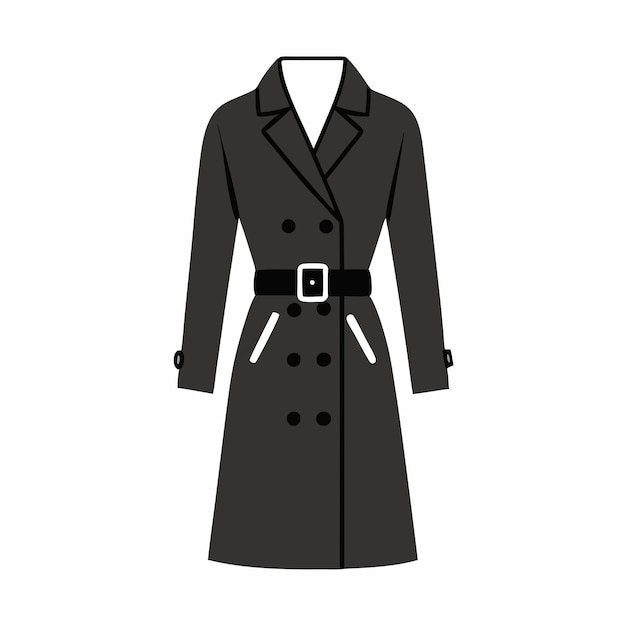 Vector a black trench coat with a button on the front and the collar has a button on the front