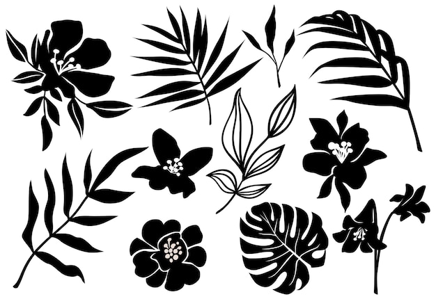 black tropic leaves and black flower silhouettes set