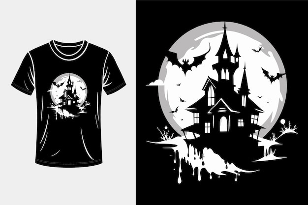 Vector a black tshirt with a castle on the front and the moon in the background