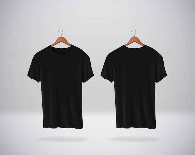 Vector black tshirts mockup clothes hanging isolated on wall blank front and rear side view